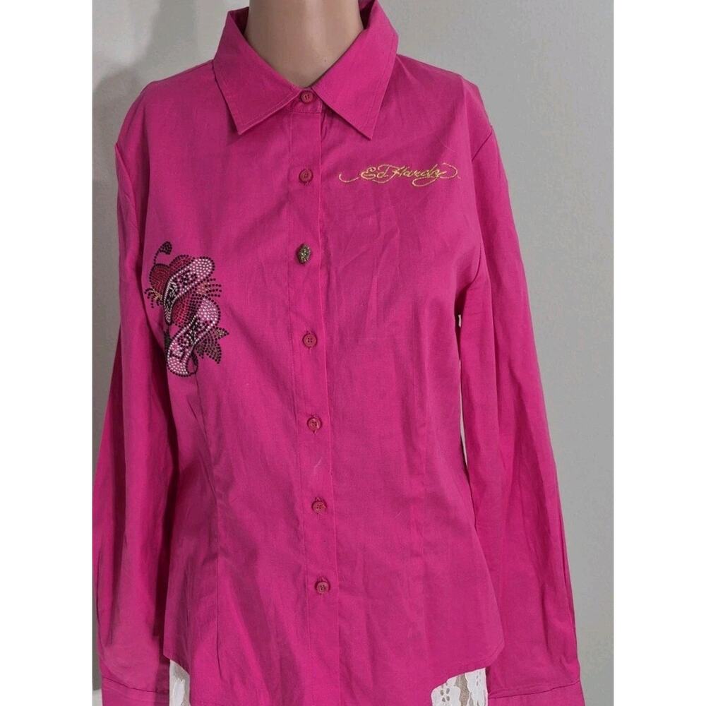 Ed Hardy Pink Graphic Embroidered Cotton Button-Up‎ Shirt Collared Long Sleeve L